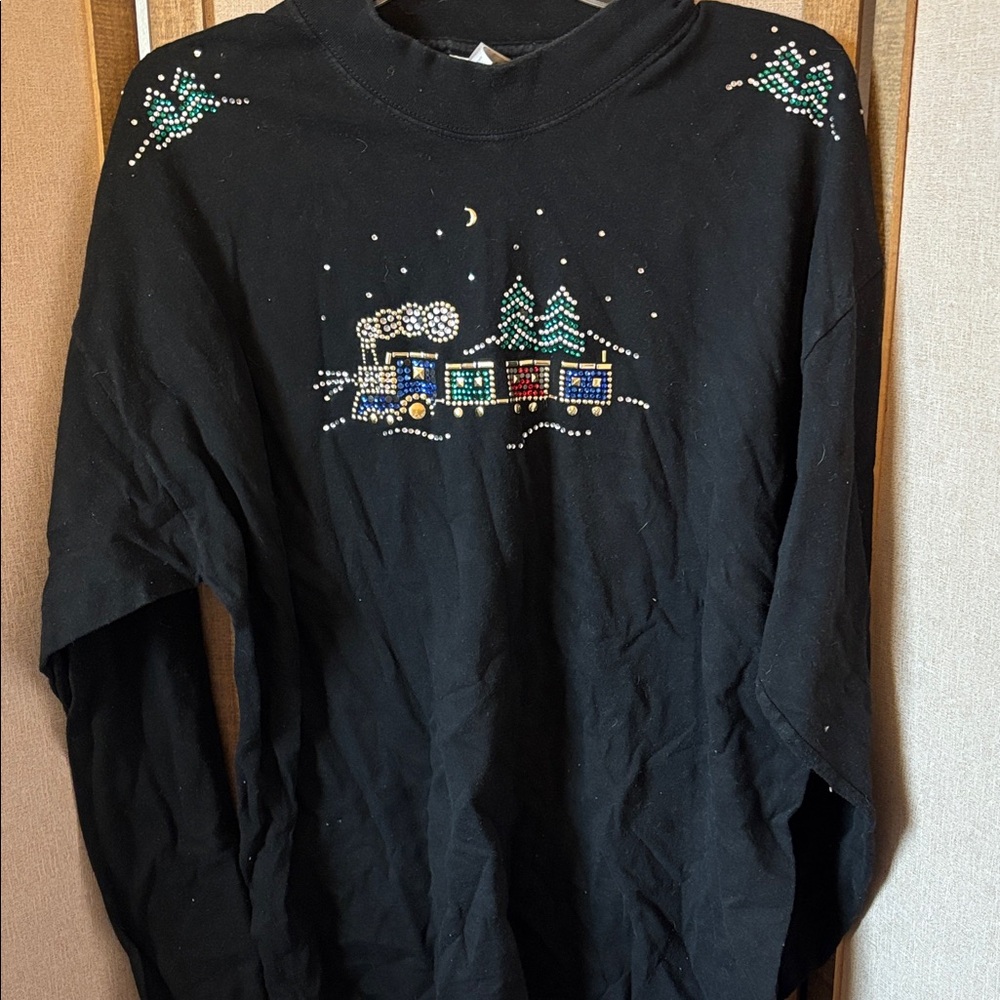 FINAL MARKDOWN Black Holiday top with Train and Tree Design XL